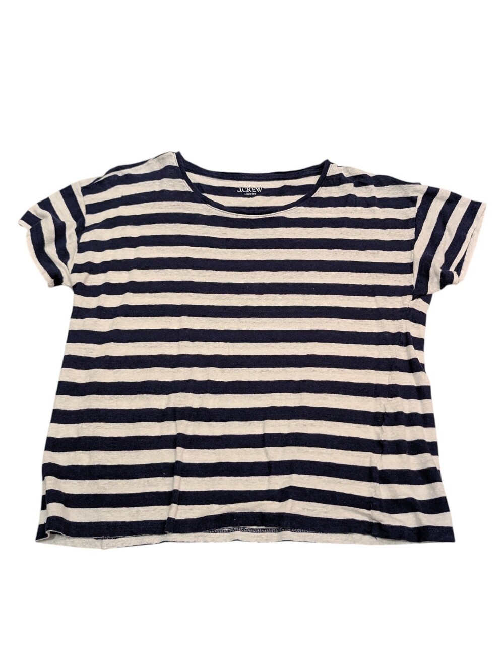 J.Crew 100% Linen Short Sleeve Tee Navy White Stripe Size Large